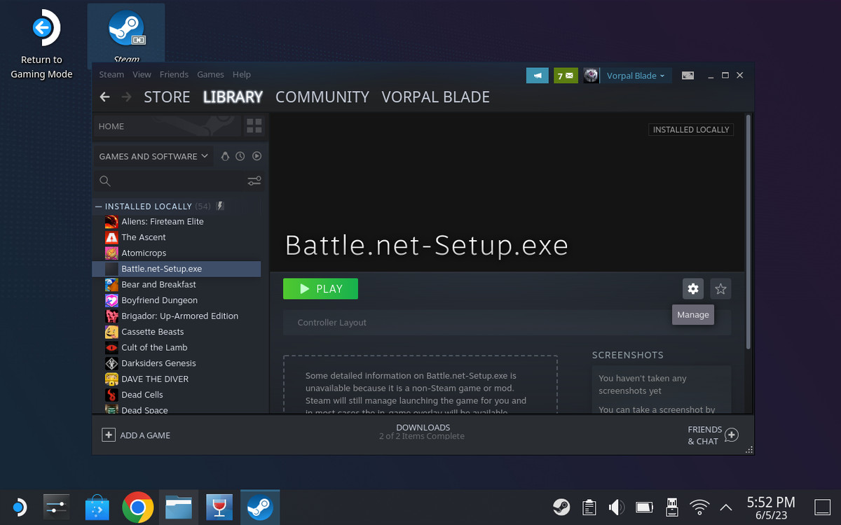 En Steam Deck-skrivbordsskärmbild som visar Battle.net Setup körbara i Steam-biblioteket.