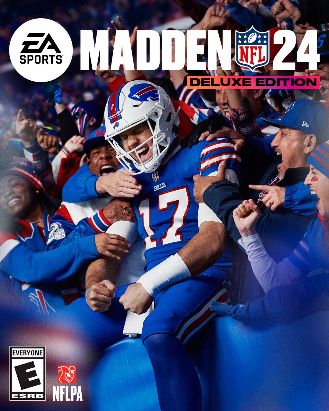 Omslaget till Madden NFL 24:s deluxe-utgåva;  Josh Allen från Buffalo Bills firar med fansen på läktaren