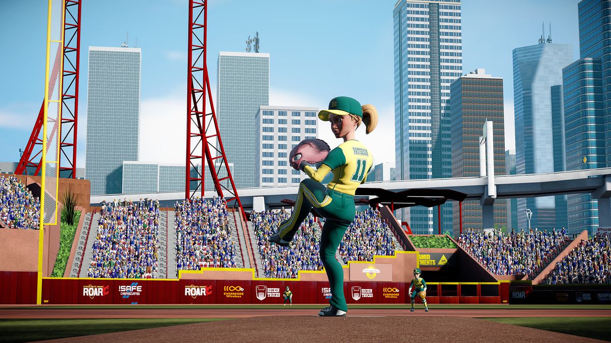 SUP FOUR EYES jk här är den riktiga alt-texten: En pitcher vid namn Patterson, i en grön och gul uniform, förbereder sig för att kasta ut en pitch i Super Mega Baseball 4