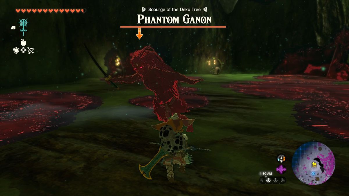 Phantom Ganon svingar ett svärd vid Link längst ner på Deku Tree Chasm i The Legend of Zelda: Tears of the Kingdom