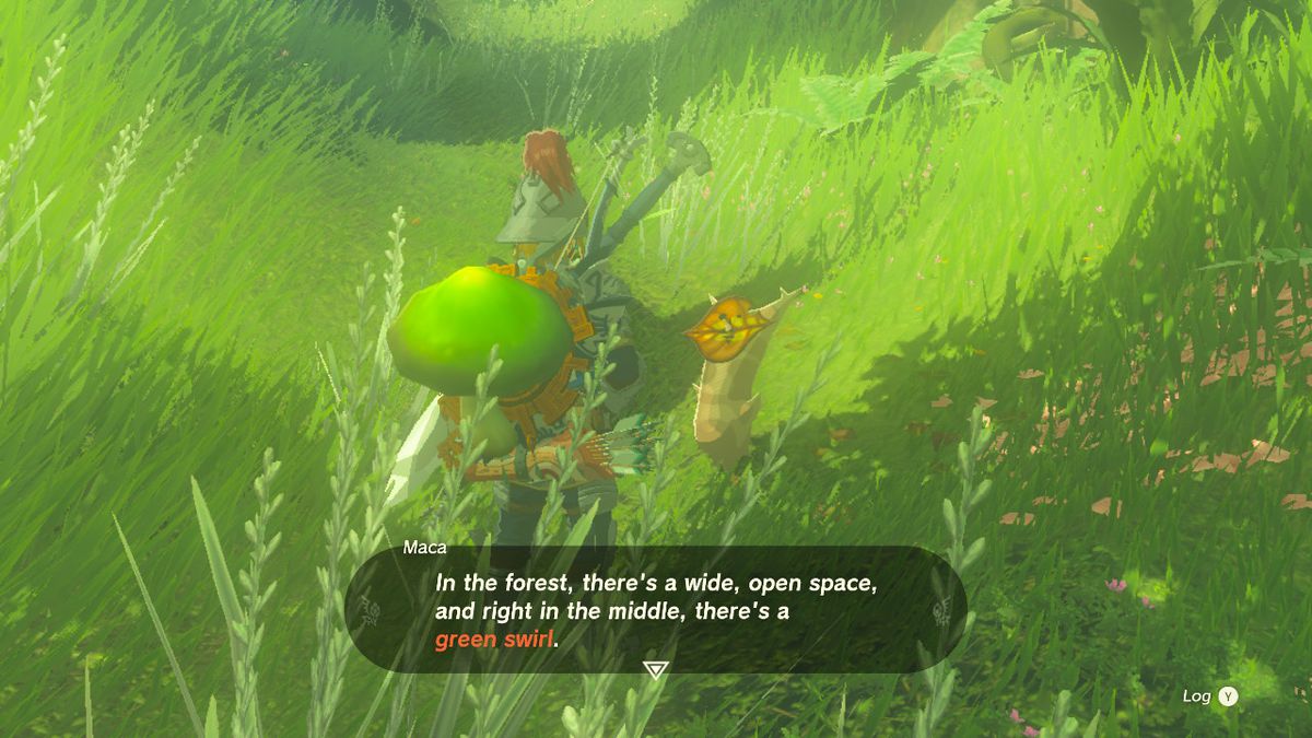 Länk som talar om en liten Korok i ett grönt fält i Zelda: TOTK.