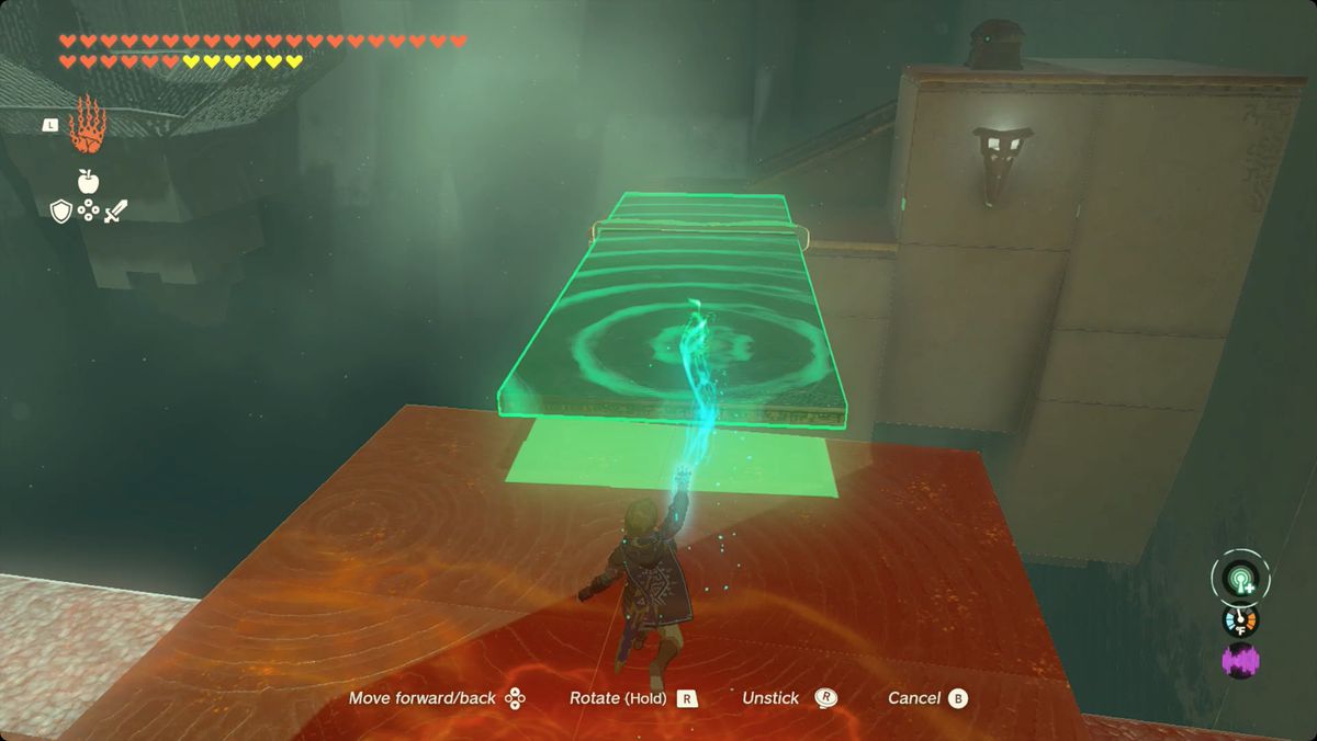 The Legend of Zelda: Tears of the Kingdom Länka med två metallpaneler för att skapa en bro till en kista i Ren-iz Shrine.