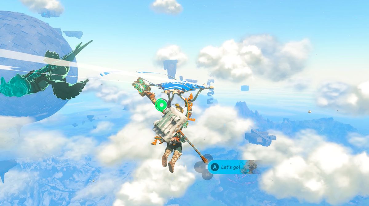 Länka paraglider vid en klot i Gerudo Highlands Sky-regionen i Zelda: Tears of the Kingdom