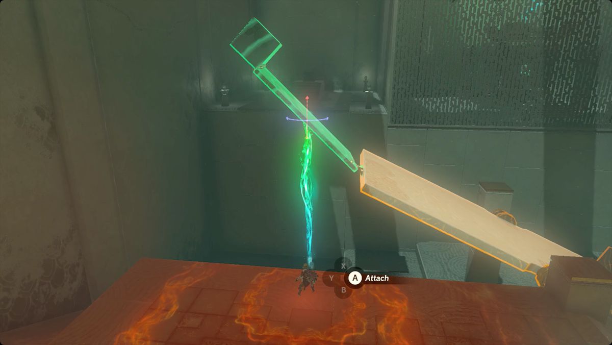 The Legend of Zelda: Tears of the Kingdom Link som fäster en panel och metallkub i änden av en gungbräda i Rotsumamu Shrine