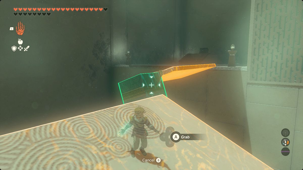 The Legend of Zelda: Tears of the Kingdom Link med hjälp av en metallkub och panel för att skapa en väg till bröstet i Rotsumamu Shrine 