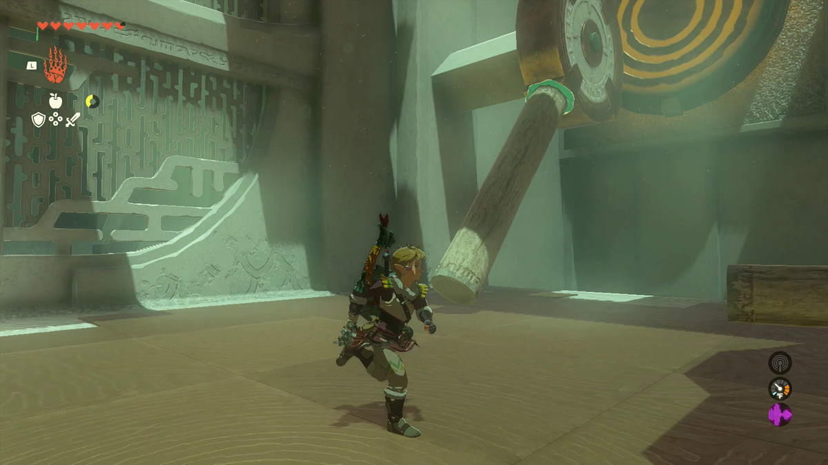 Efter att Link använder Ultrahand för att fästa en stock till ett kugghjul i Oshozan-u Shrine, roterar kugghjulet nedåt, och rymmer stockens vikt