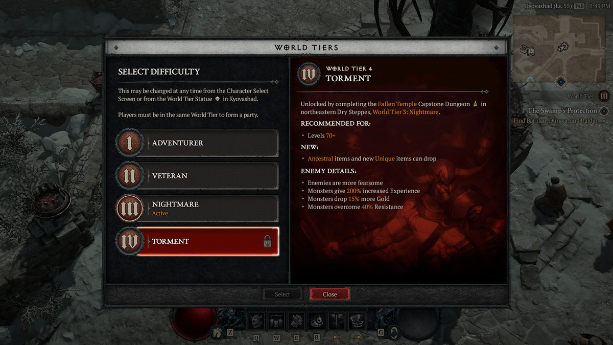 En titt på spelmenyn för World Tiers i Diablo 4