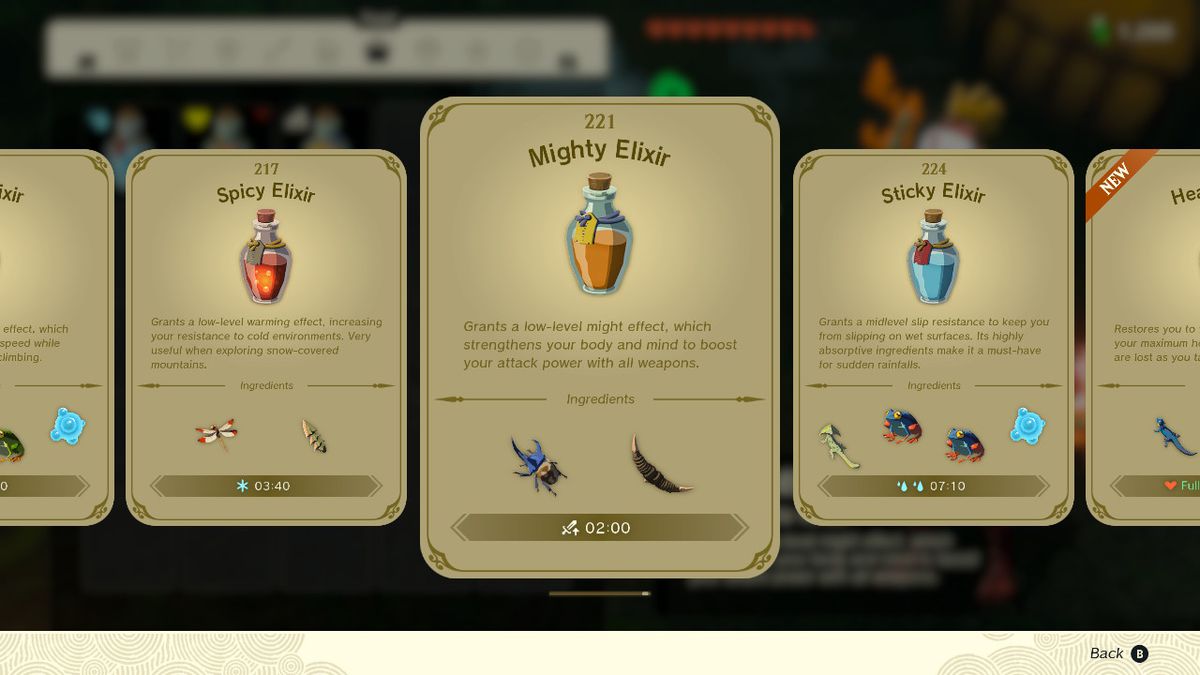 En skärmdump av elixirreceptboken i Zelda: Tears of the Kingdom, som lyfter fram the Mighty Elixir
