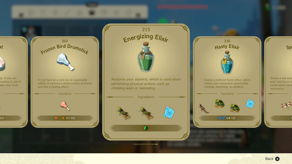 En skärmdump av elixirreceptboken i Zelda: Tears of the Kingdom, som lyfter fram det energigivande elixiret