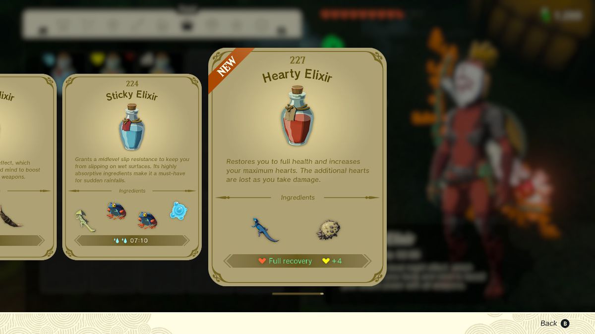En skärmdump av elixirreceptboken i Zelda: Tears of the Kingdom, som framhäver Hearty Elixir