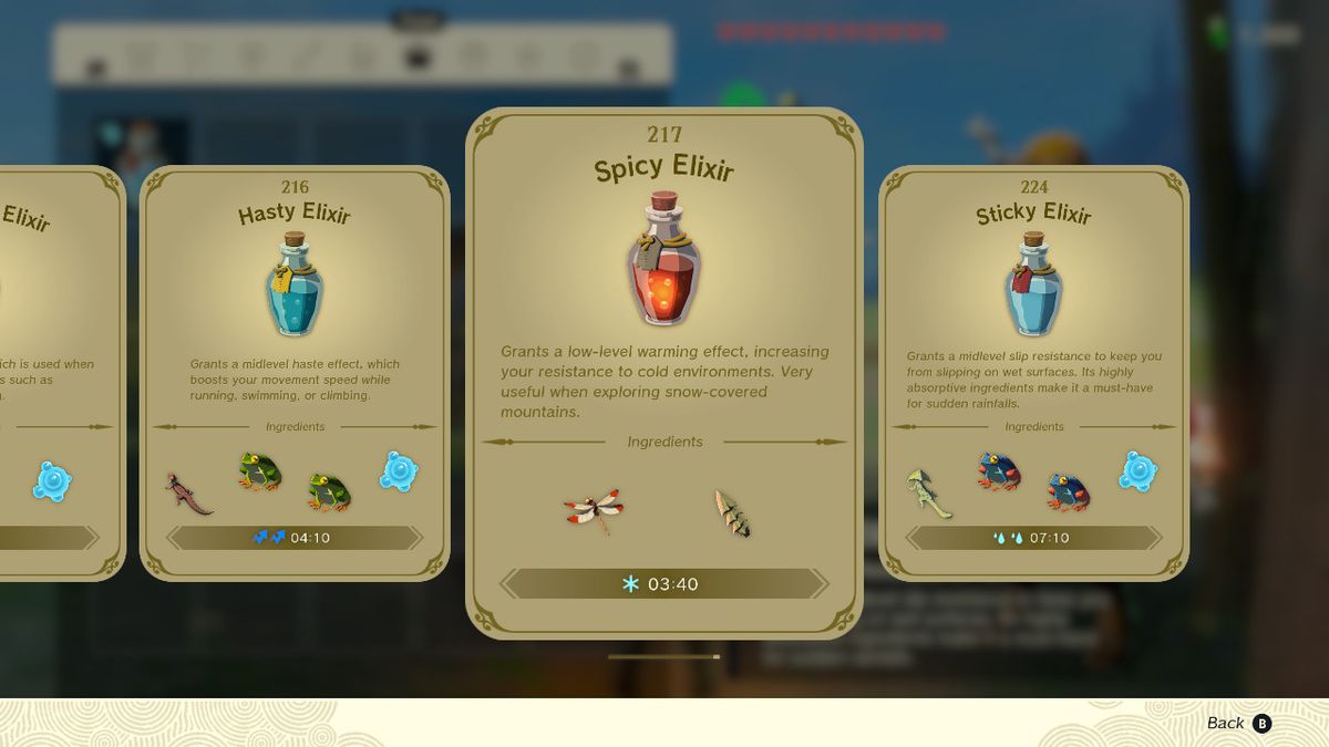 En skärmdump av receptboken för elixir i Zelda: Tears of the Kingdom, som lyfter fram det kryddiga elixiret