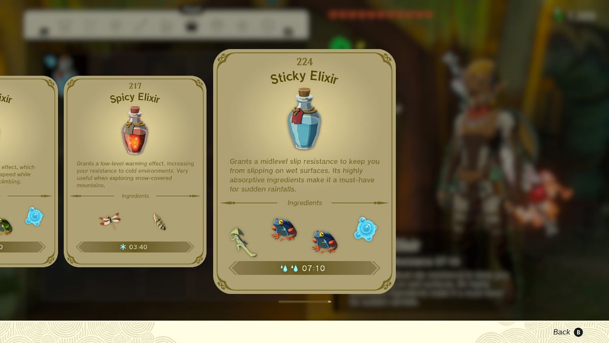 En skärmdump av elixirreceptboken i Zelda: Tears of the Kingdom, som framhäver Sticky Elixir