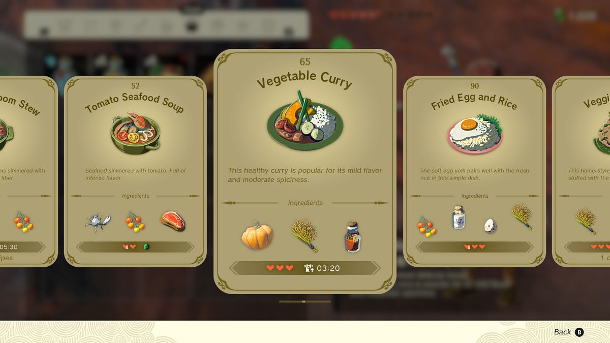 En skärmdump av receptet mat som visar upp Vegetable Curry i Zelda: Tears of the Kingdom