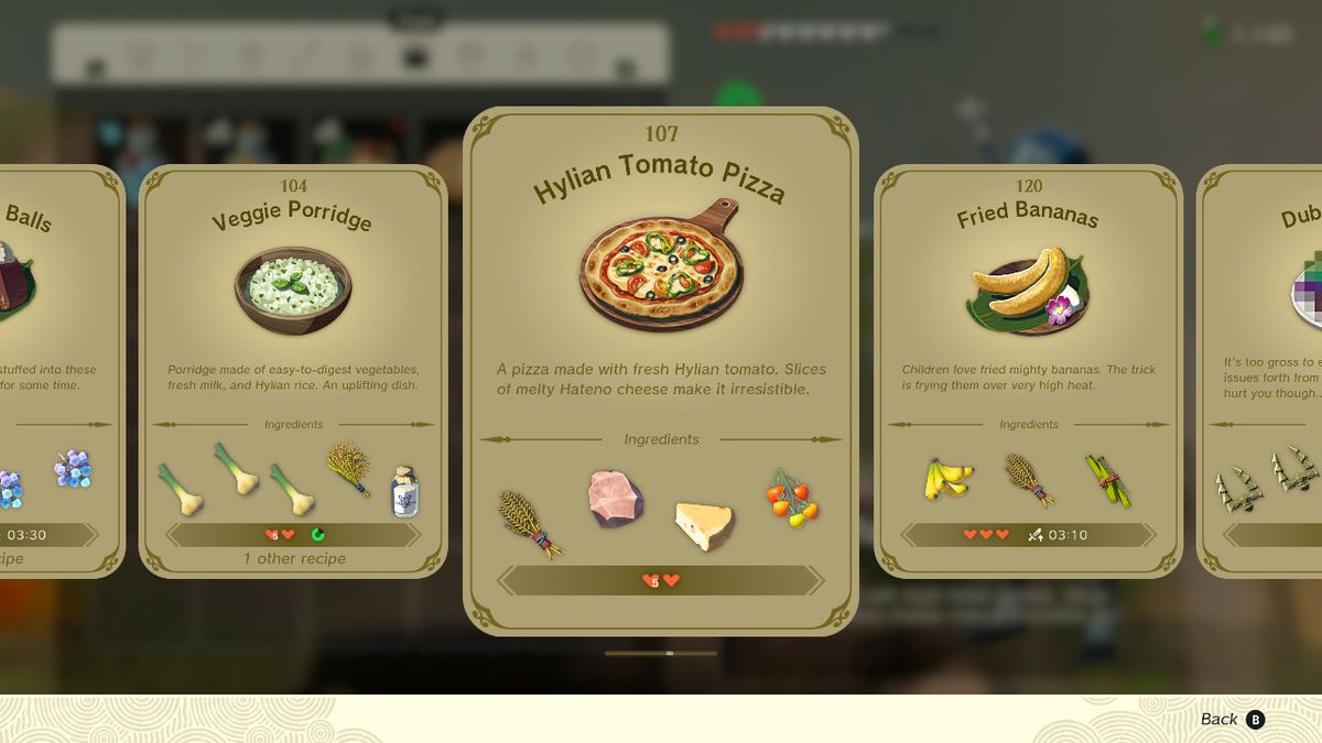 En skärmdump av Hylian Tomato Pizza i Zelda: Tears of the Kingdom
