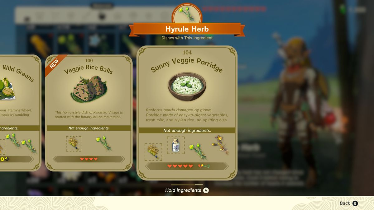 En skärmdump av receptet Sunny Veggie Porridge i Zelda: Tears of the Kingdom