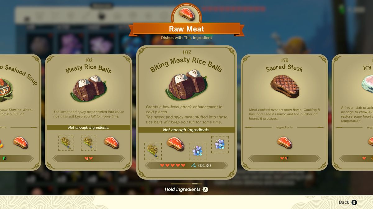 En skärmdump av receptet Biting Meaty Rice Balls i Zelda: Tears of the Kingdom