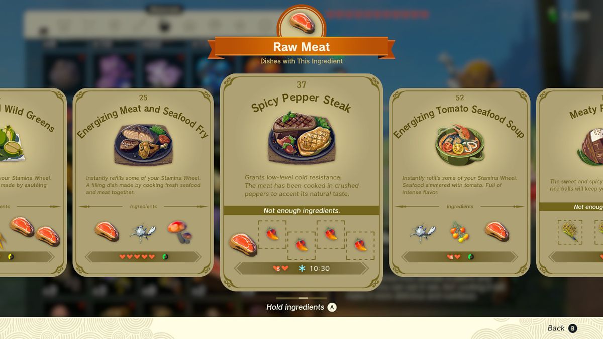 En skärmdump av receptet Spicy Pepper Steak i Zelda: Tears of the Kingdom