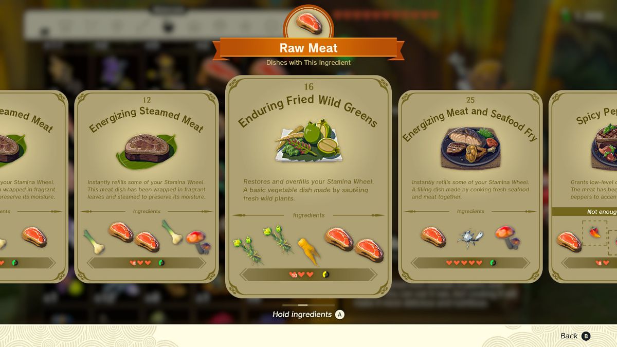 En skärmdump av receptboken i Zelda: Tears of the Kingdom som framhäver receptet Enduring Fried Wild Greens