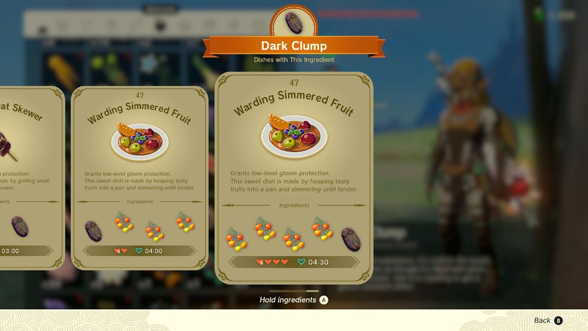 En skärmdump av receptet Warding Simmered Fruit i Zelda: Tears of the Kingdom