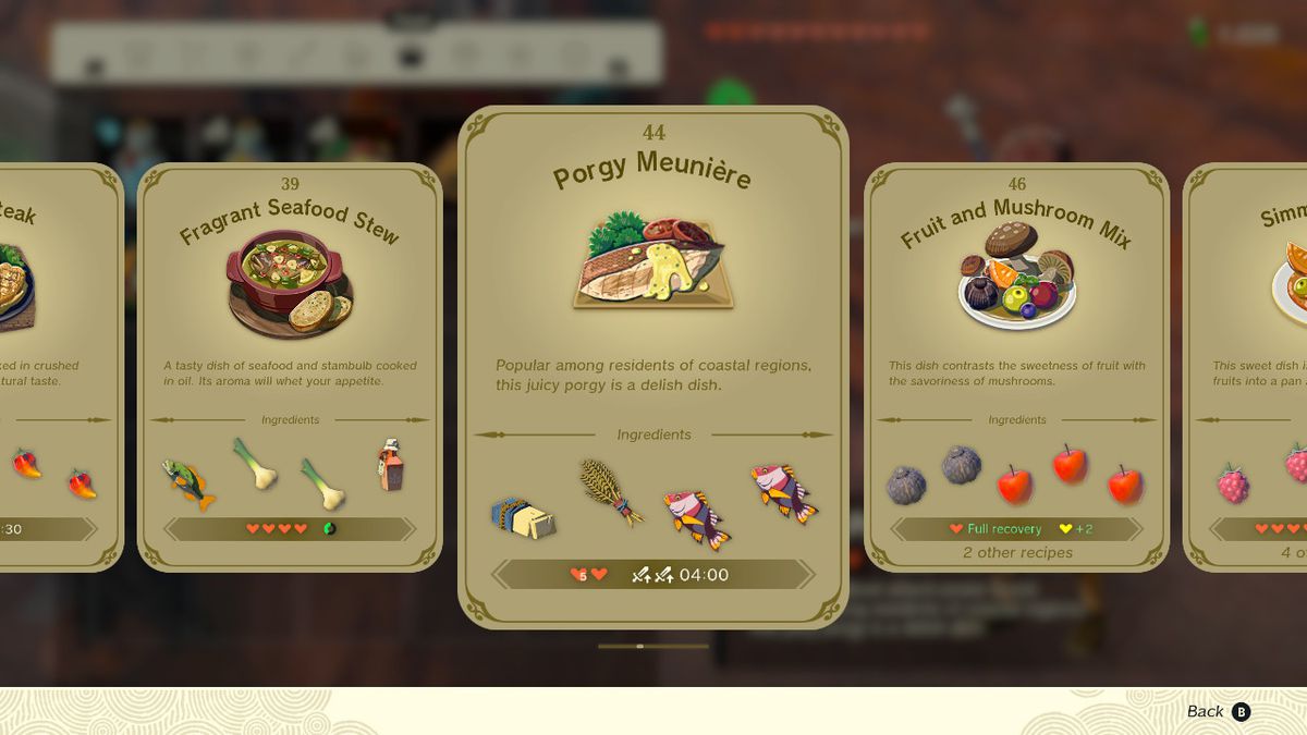 En skärmdump av receptet Porgy Meunière i Zelda: Tears of the Kingdom