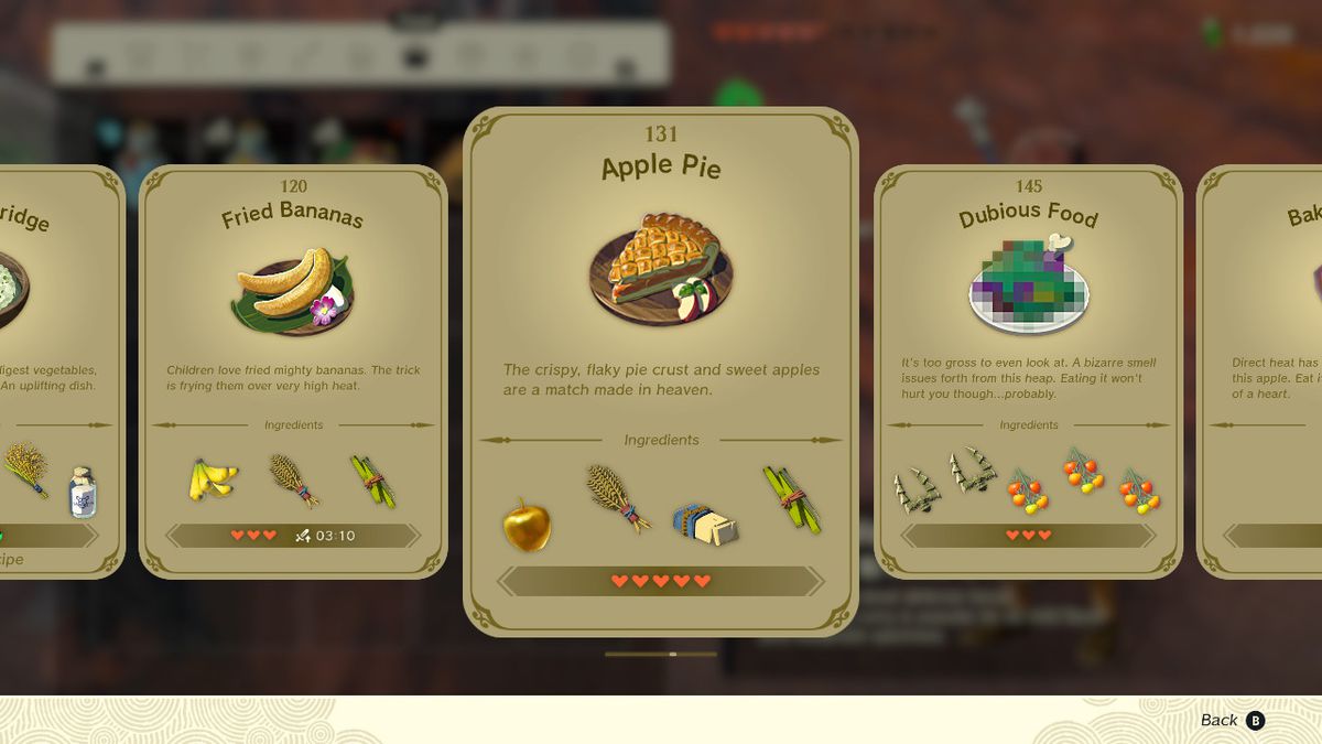 En skärmdump av receptboken i Zelda: Tears of the Kingdom som visar upp äppelpajen