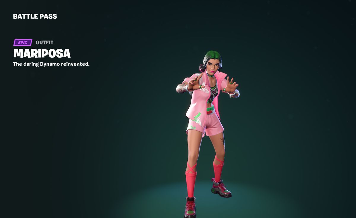 Mariposa, som bär en rosa jacka och shorts och poserar som en brottare i Fortnite