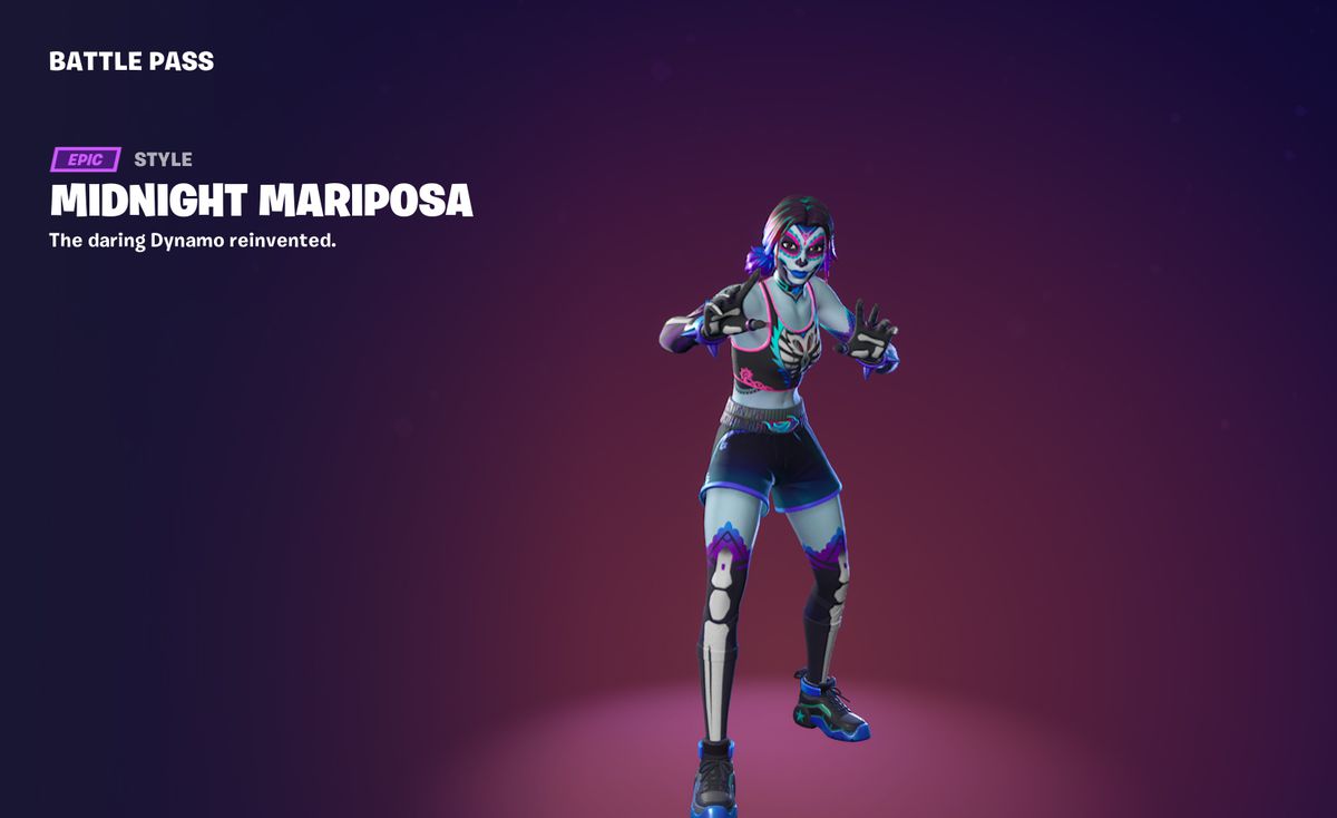 Midnight Mariposa, som får en brottningsoutfit med skelett-tema och ett lager ljusblå kroppsfärg i Fortnite