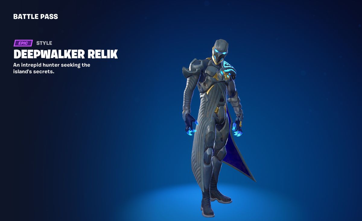 Deepwalker Relik, som får en hel svart och blå kostym, komplett med hjälm, i Fortnite.