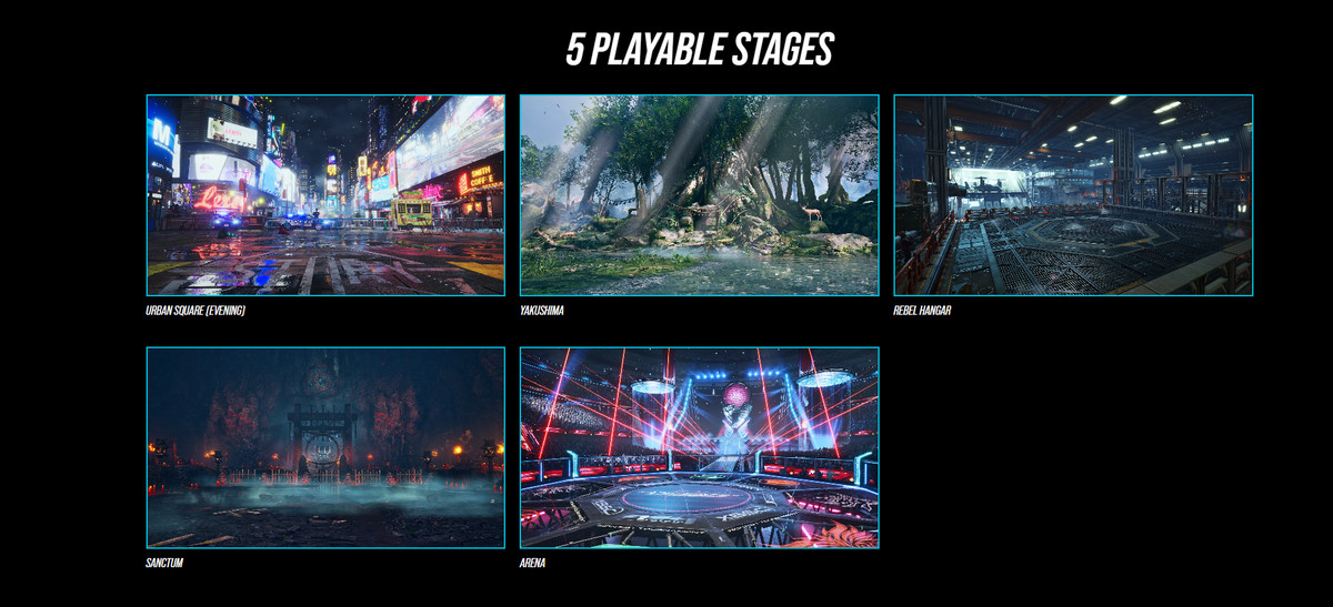 En bild av de fem spelbara arenor som finns tillgängliga i Tekken 8 Closed Network Test