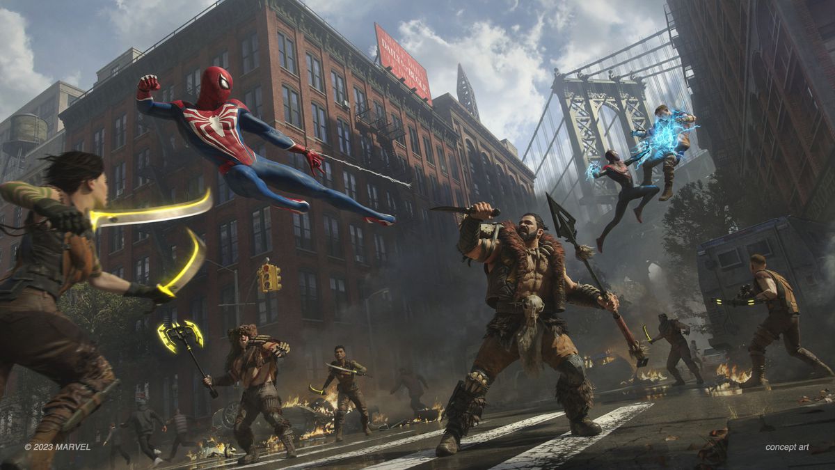 Peter Parker web-zippar in i Kraven the Hunter medan Miles Morales zapar någon i bakgrunden