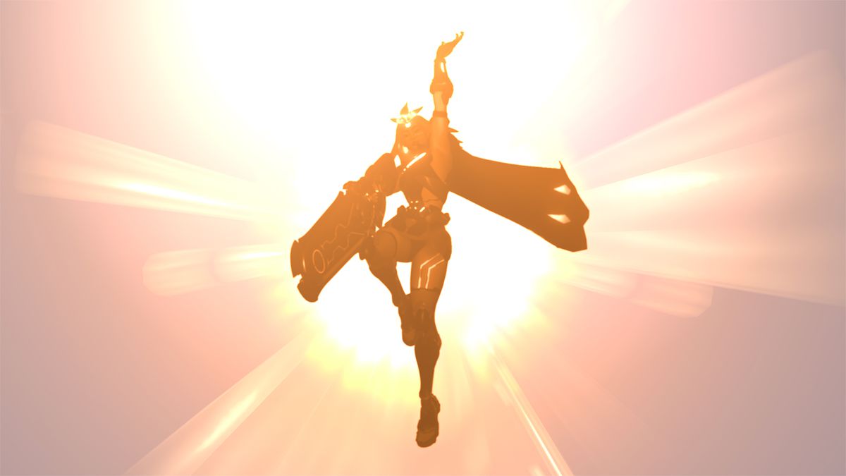 Overwatch 2:s 38:e hjälte, en ung kvinna med ett stort svärd/gevär, hoppar upp i himlen och är motljus av solen