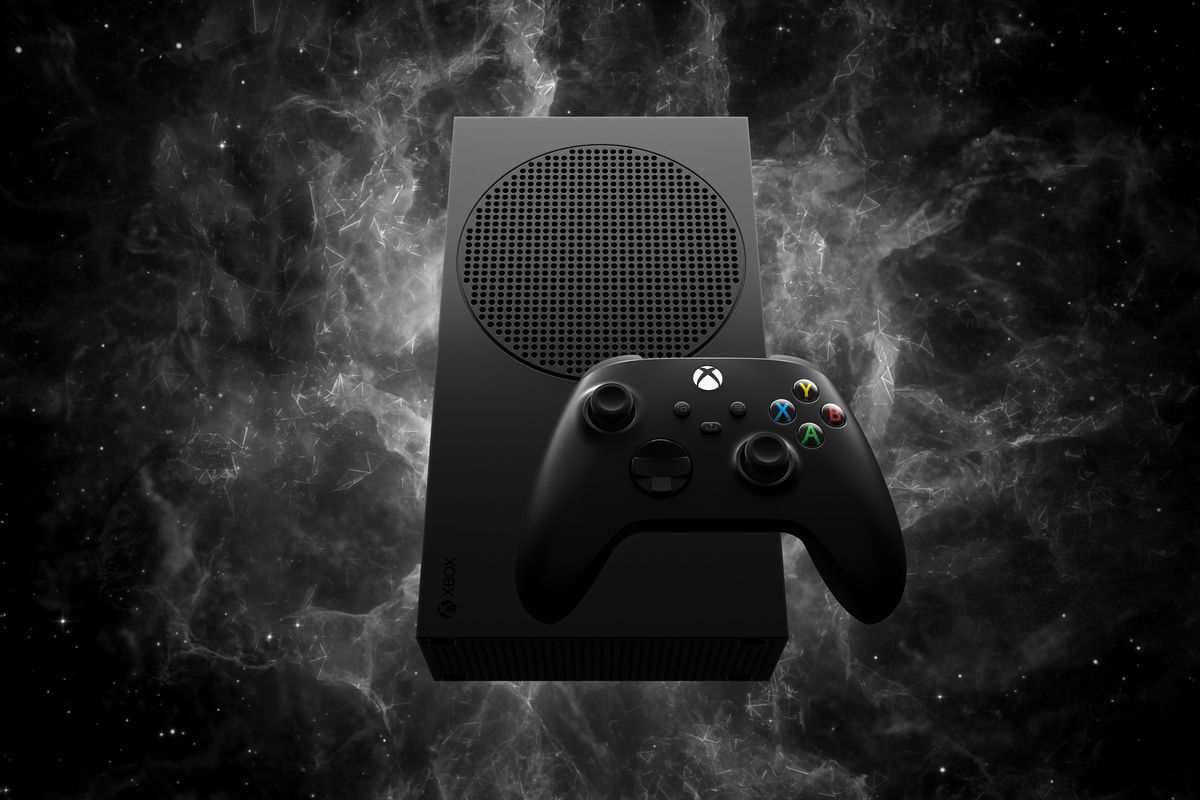 The Carbon Black-colored Xbox Series S is shown with a black wireless controller. The black Series S will debut with a 1 TB SSD.