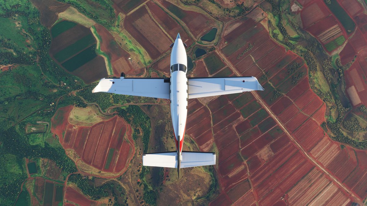 A plane flies over fields of colorful farmland in Microsoft Flight Simulator