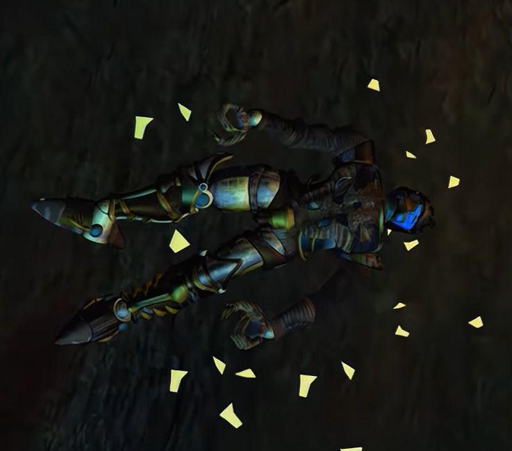 DinoBot, a brown-and-blue humanoid Transformer, lies dead on a mottled brown CG background in the Beast Wars episode Code of Hero