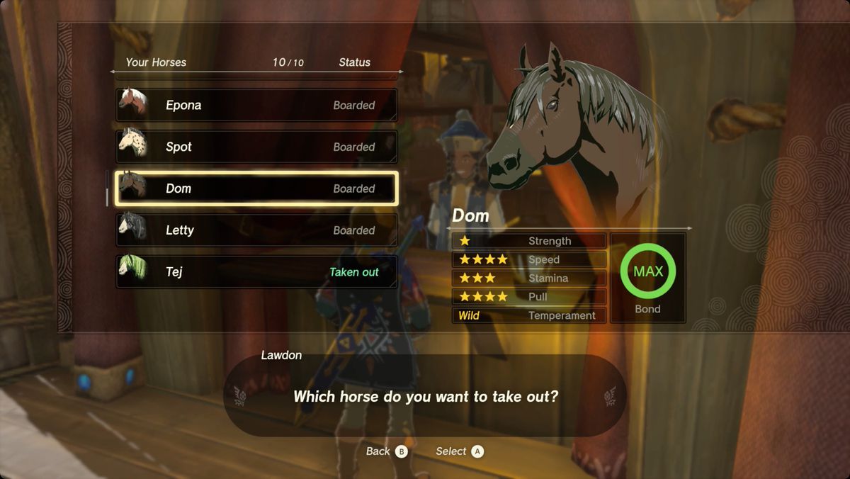 The Legend of Zelda: Tears of the Kingdom häststatistik i ett stall