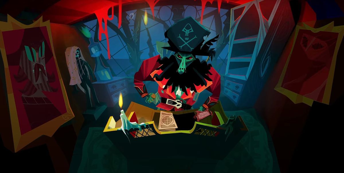LeChuck från Return to Monkey Island läser en karta.  Han är utklädd som en pirat och du kan se hans skrivbord upplyst av ett ljus när han skriver.