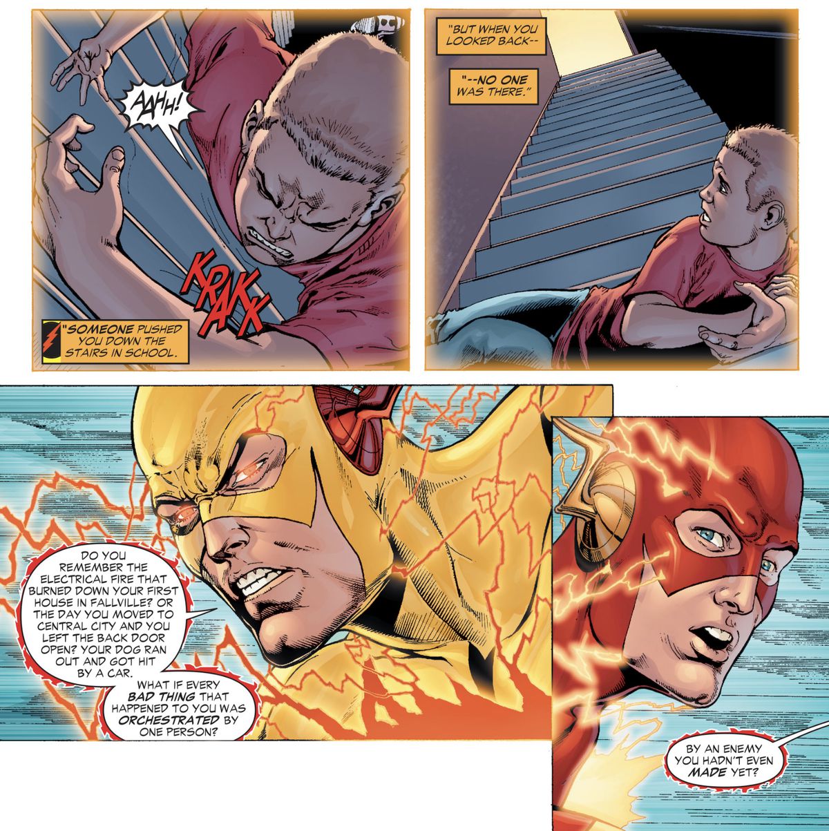 Reverse Flash förklarar för Barry Allen att han är ansvarig för att han en gång föll ner för en trappa i skolan och bröt armen, och för att hans hus brann ner och för att hans hund sprang iväg i The Flash: Rebirth. 