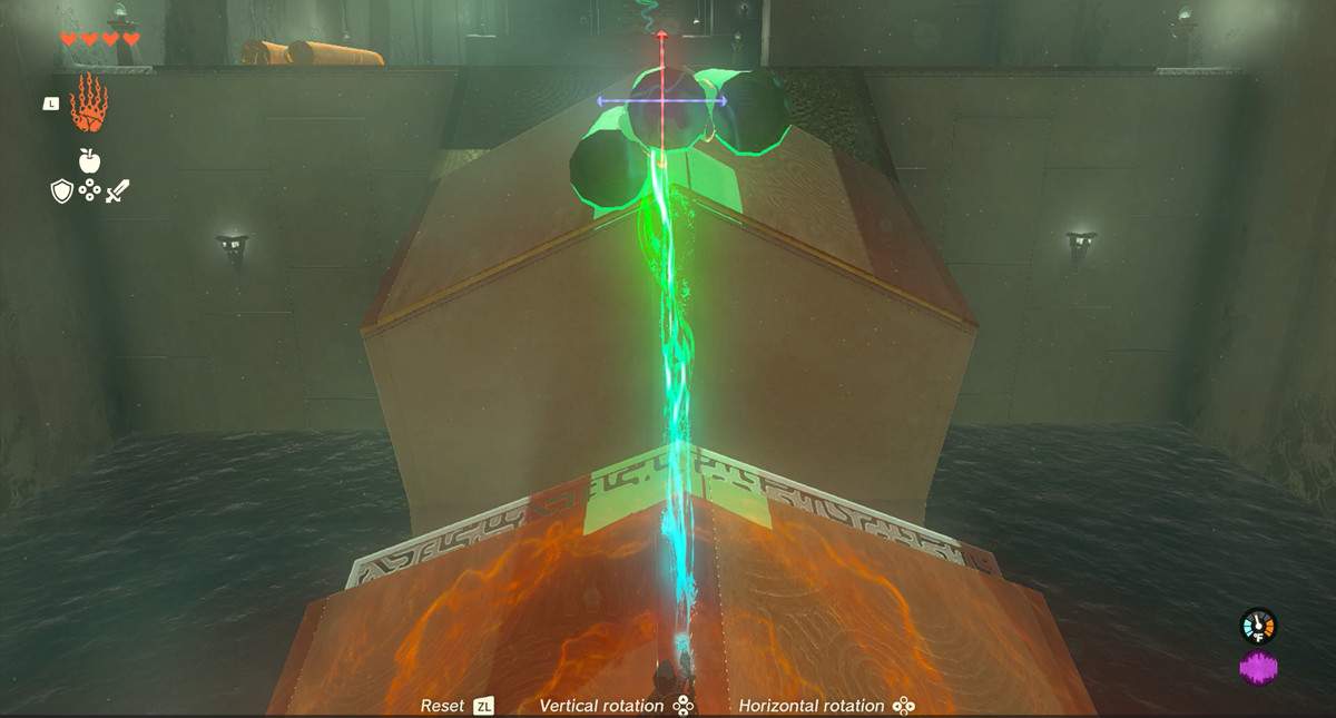 The Legend of Zelda: Tears of the Kingdom Tajikats Shrine.  Tre stockar placeras över en lucka för att användas som bro.