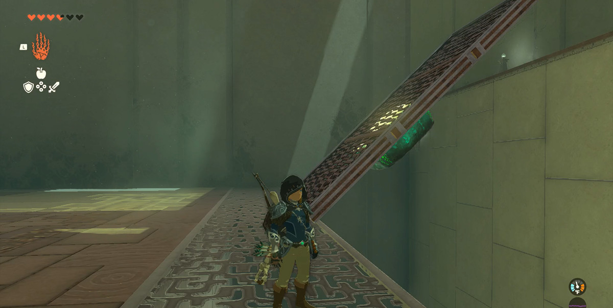 Länk som står framför en provisorisk bro i Ihen-a Shrine i The Legend of Zelda: Tears of the Kingdom
