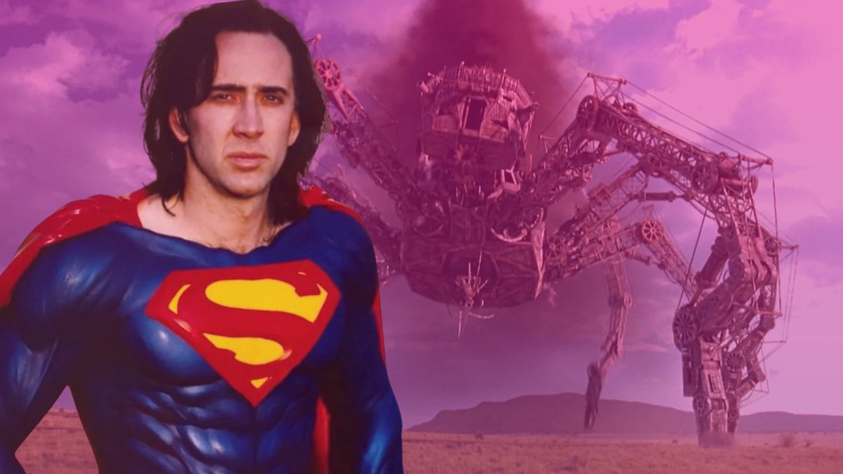 Nic Cage klädd som Stålmannen står framför en gigantisk spindel