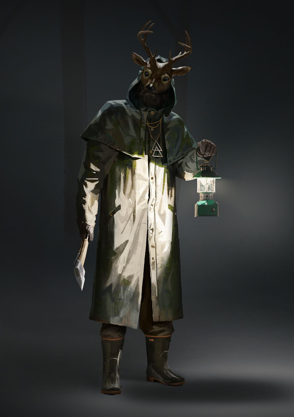 En bild av en sektist i Alan Wake 2. Kultisten är klädd i en solbränd trenchcoat och en kär mask med horn på huvudet.  De håller en yxa i ena handen och en lykta i en annan.
