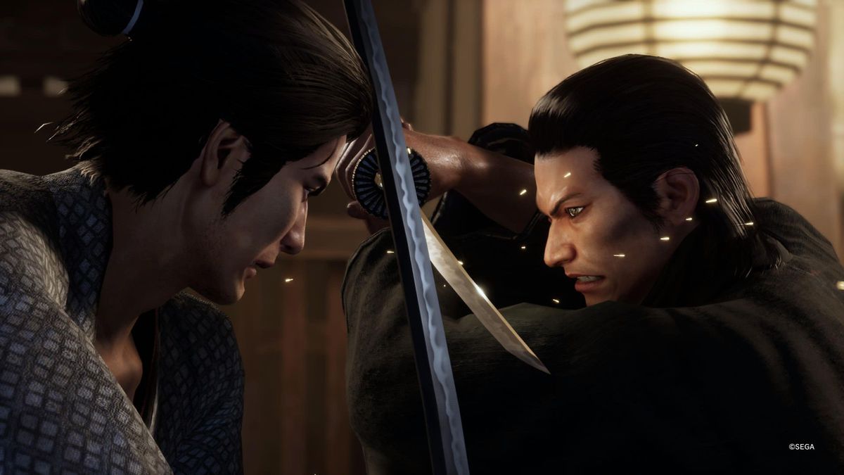 Two samurai clash blades in Like a Dragon: Ishin!