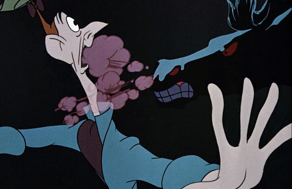 Ichabod Crane, an exaggeratedly skinny man with huge ears and a pointed noise, screams in terror as a black horse with red eyes snorts steam down his neck during a chase in Disney’s The Legend of Sleepy Hollow