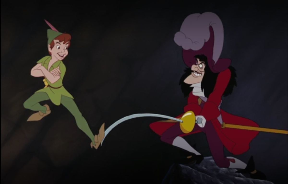 Peter Pan smirks as he stands on Captain Hook’s rapier during a duel in Disney’s Peter Pan