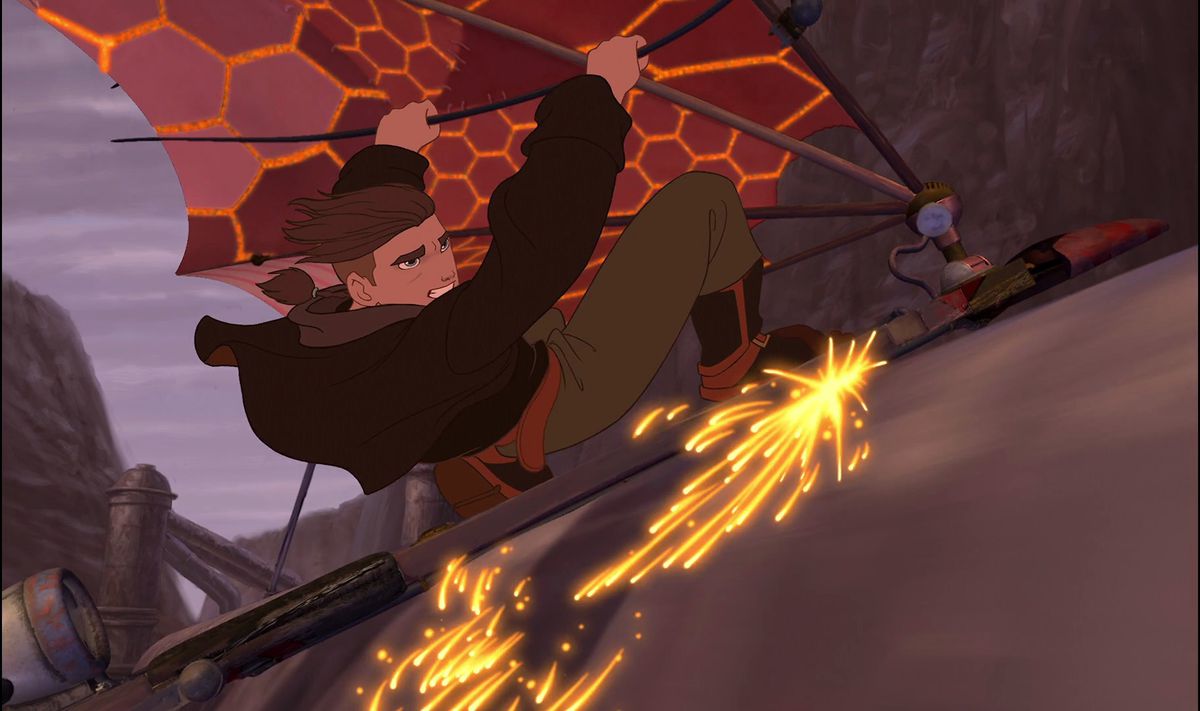 Protagonist Jim Hawkins hangs off the bright red sail on his solar surfer, with teeth gritted and sparks flying under his feet, in the animated Disney adventure Treasure Planet