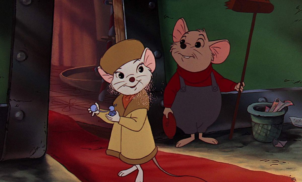 Working-class mouse Bernard greets fancy aristocrat mouse Miss Bianca in The Rescuers