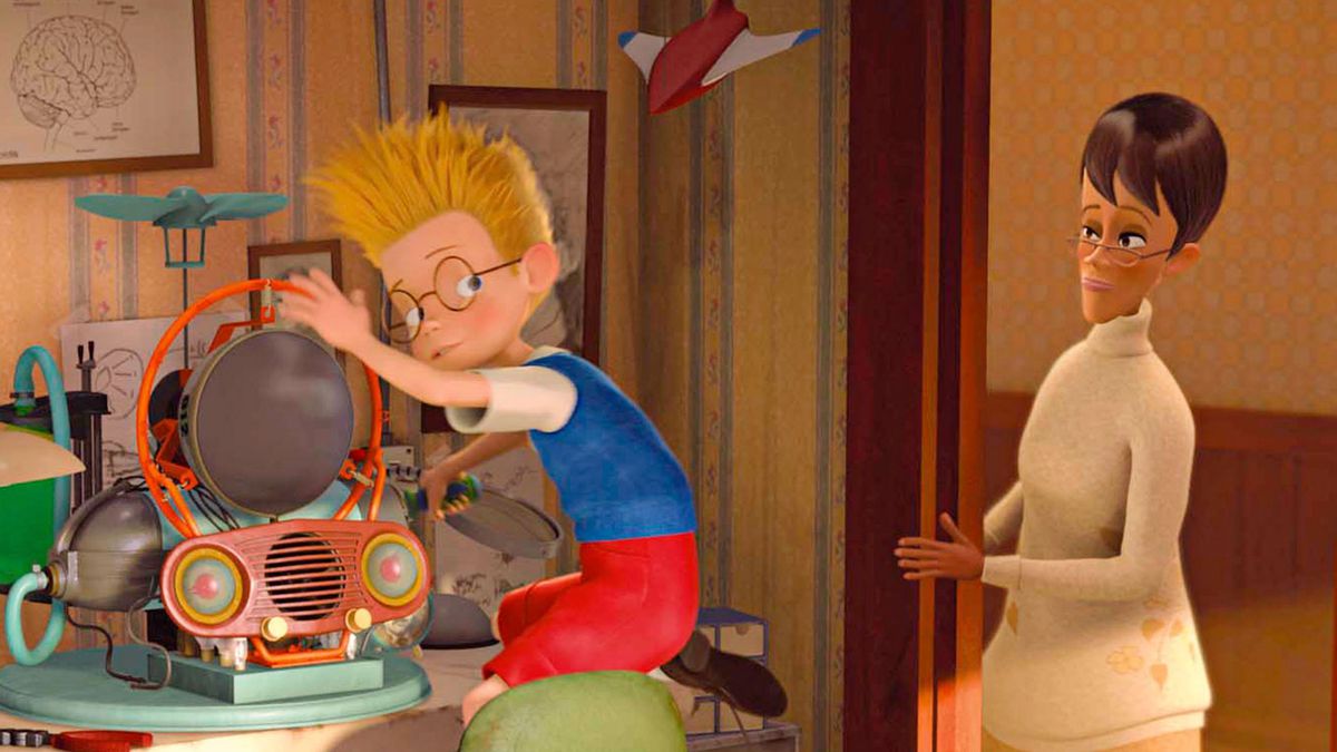 Lewis, a pre-teen boy with spiky blonde hair and classes, messes with an invention that’s clearly part vacuum cleaner, part dissected radio, with a propeller on top. An older woman in a turtleneck sweater and orange glasses watches him, in Disney’s CG animated feature Meet the Robinsons.