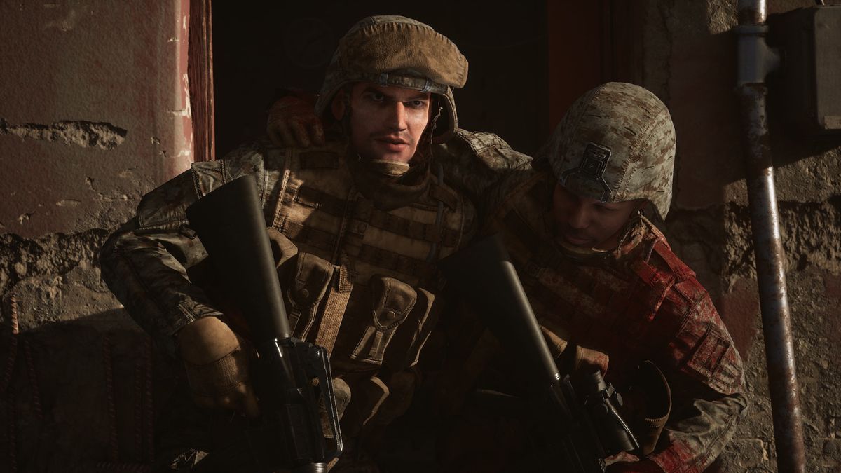 A U.S. soldier carries a bloody, wounded ally in a screenshot from Six Days in Fallujah