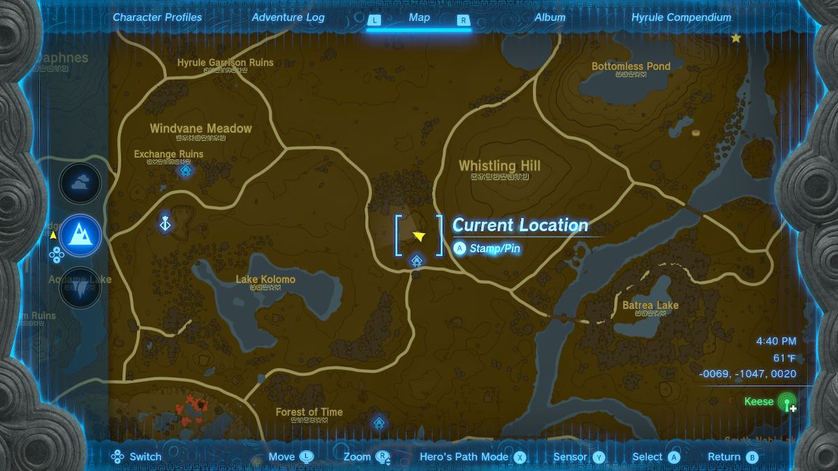 The map location of Whistling Hill Cave in Zelda: Tears of the Kingdom