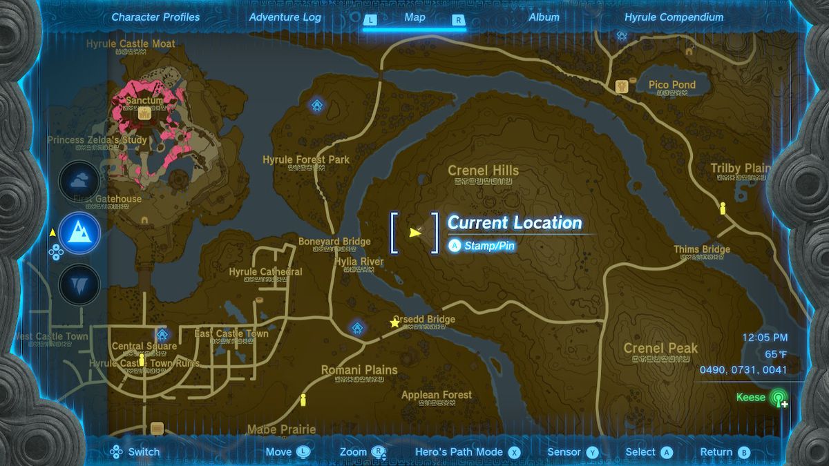 The map location of the Crenel Hills Cave in Zelda: Tears of the Kingdom